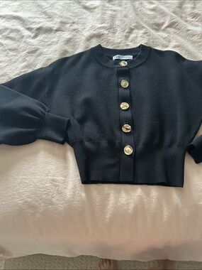 Zara Black Cropped Cardigan with Gold Buttons